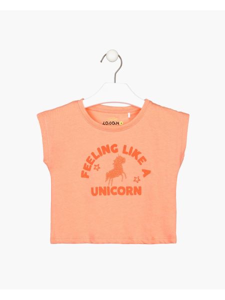 Μπλούζα κοντομάνικη κροπ με print unicorn on glitter κοραλί