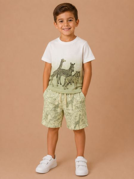 Σετ μπλούζα και βερμούδα με τσέπες και print jungle animals χακί
