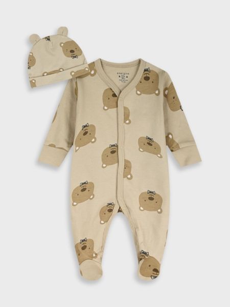 Σετ φορμάκι και σκουφάκι με print little bears μπεζ