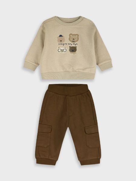 Σετ βρεφικό φούτερ με παντελόνι με print little bears μπεζ