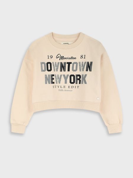 Μπλούζα φούτερ κροπ με glitter print ''Downtown New York'' εκρού