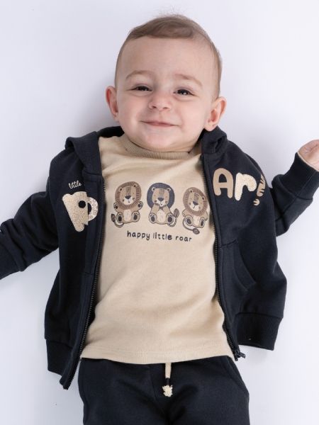 Τριπλέτα μπλούζα, παντελόνι και ζακέτα με print little lion μπεζ